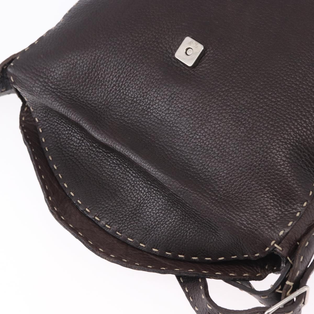 FENDI Celeria Shoulder Bag Leather Brown Silver Auth 198325