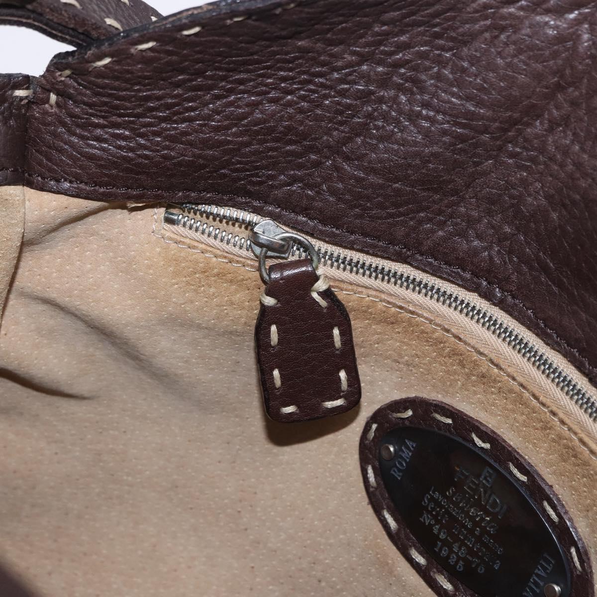 FENDI Celeria Shoulder Bag Leather Brown Silver Auth 198325