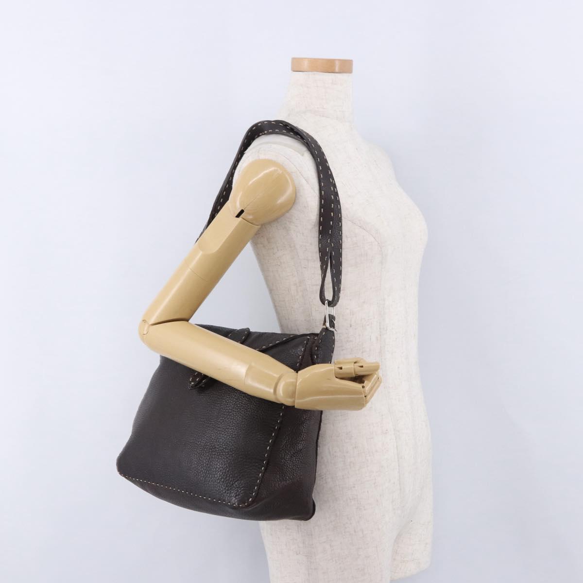 FENDI Celeria Shoulder Bag Leather Brown Silver Auth 198325