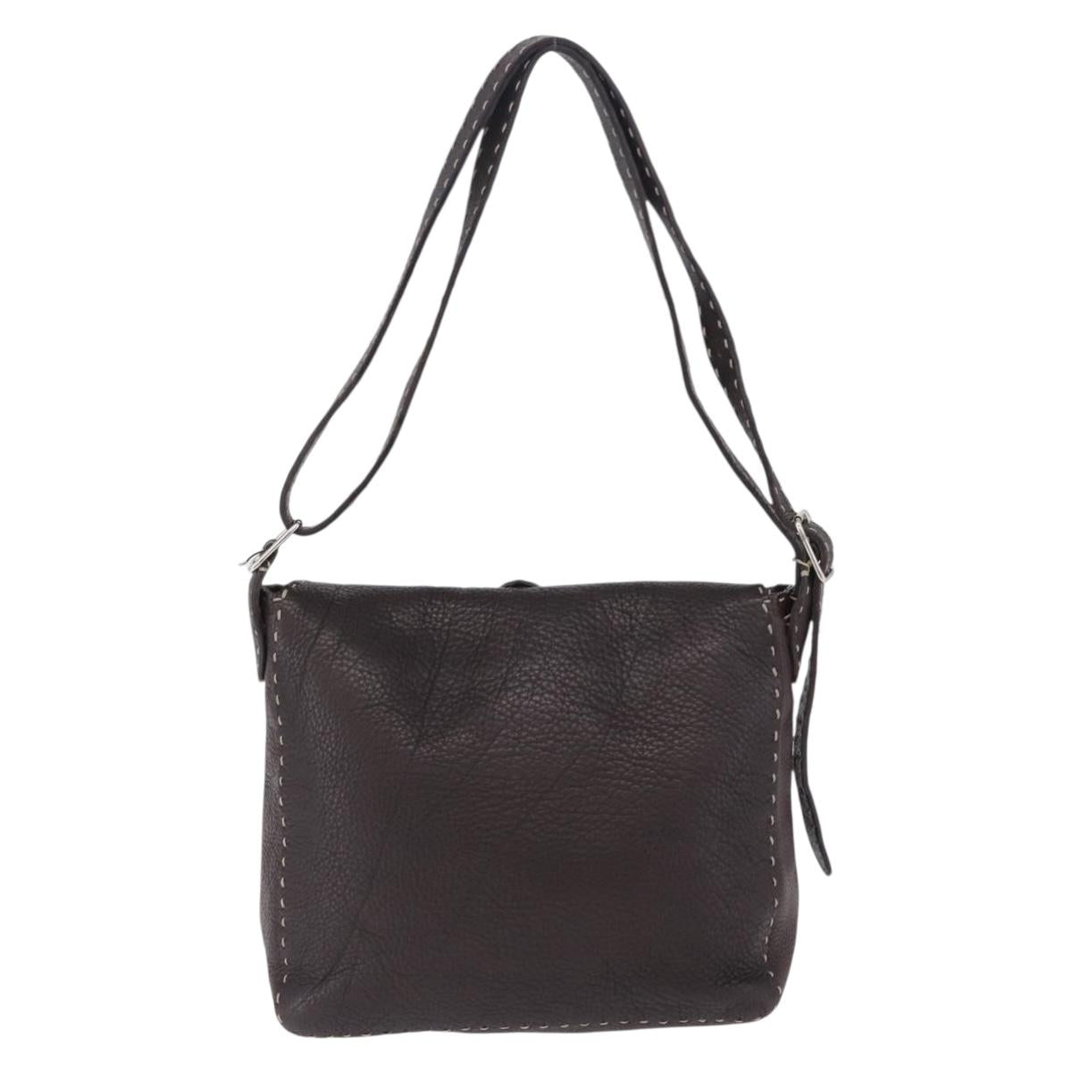 FENDI Celeria Shoulder Bag Leather Brown Silver Auth 198325