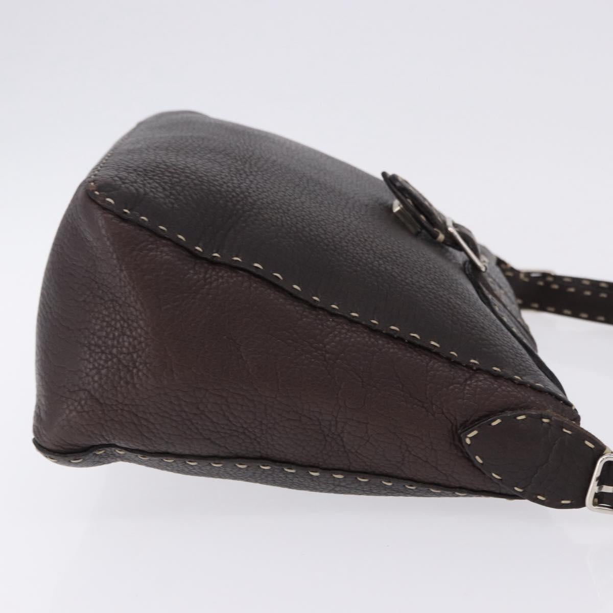 FENDI Celeria Shoulder Bag Leather Brown Silver Auth 198325