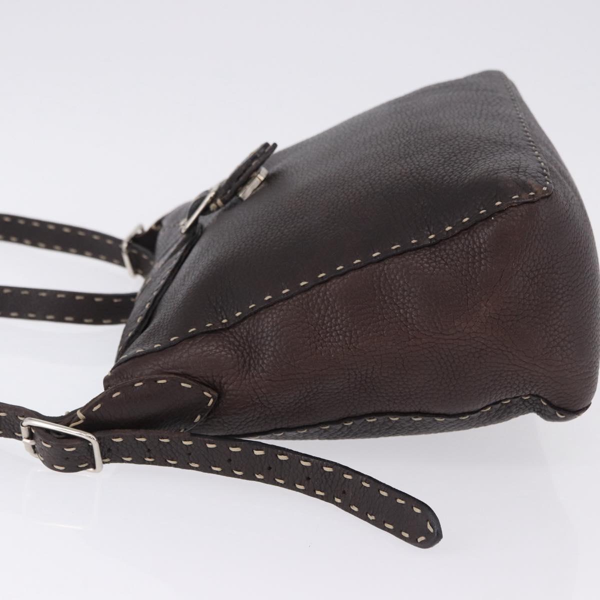 FENDI Celeria Shoulder Bag Leather Brown Silver Auth 198325
