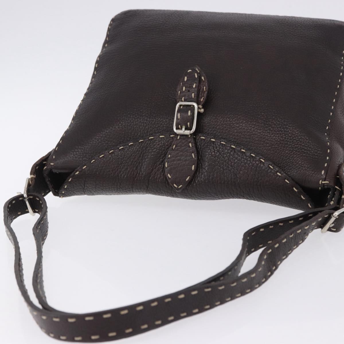 FENDI Celeria Shoulder Bag Leather Brown Silver Auth 198325