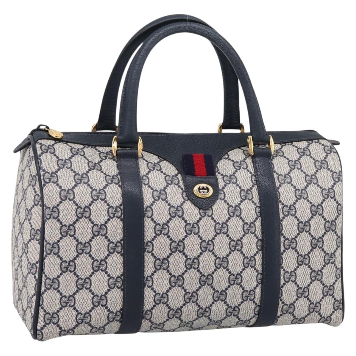 GUCCI GG Supreme Sherry Line Boston Bag PVC Navy Gold 40 02 007 Auth 198342