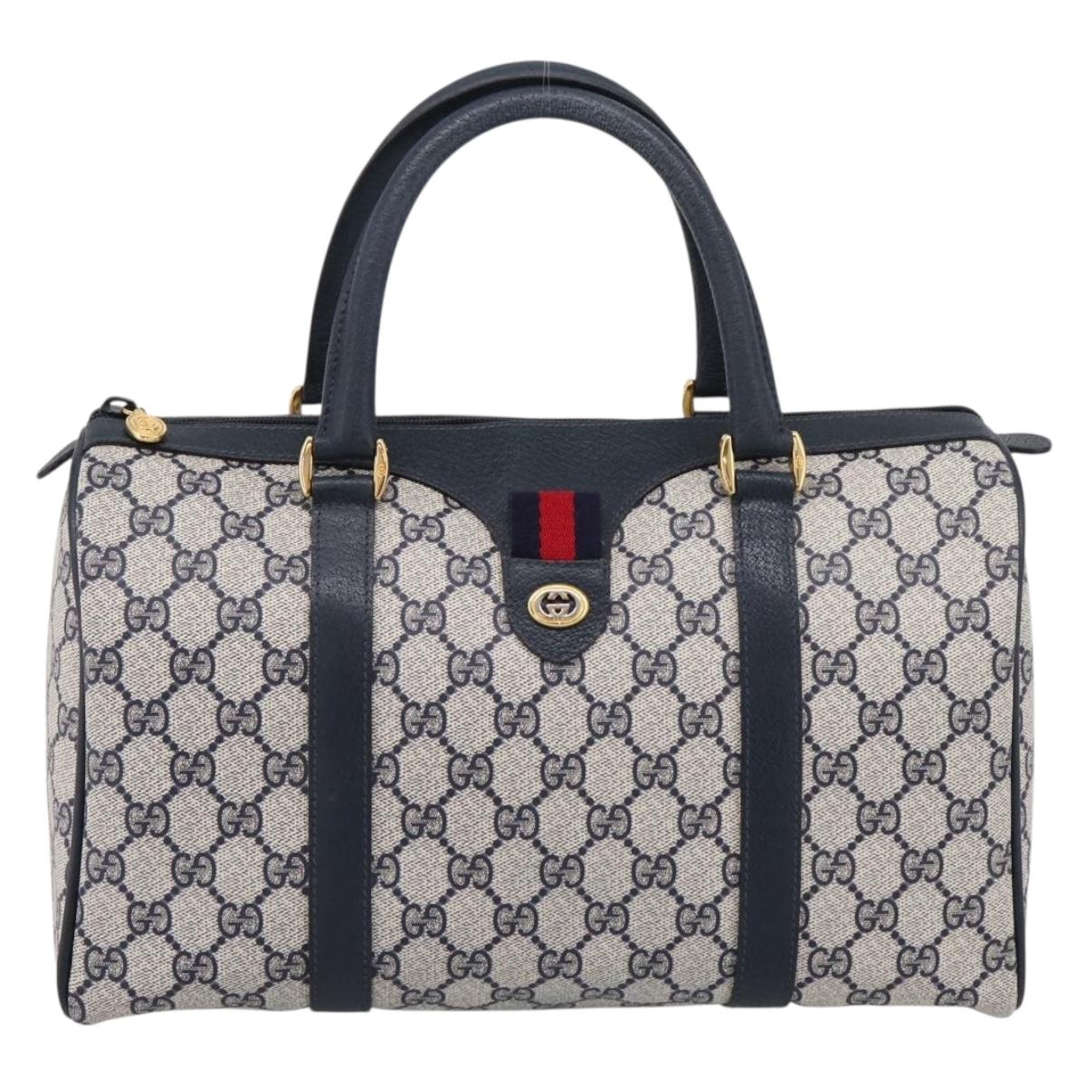 GUCCI GG Supreme Sherry Line Boston Bag PVC Navy Gold 40 02 007 Auth 198342