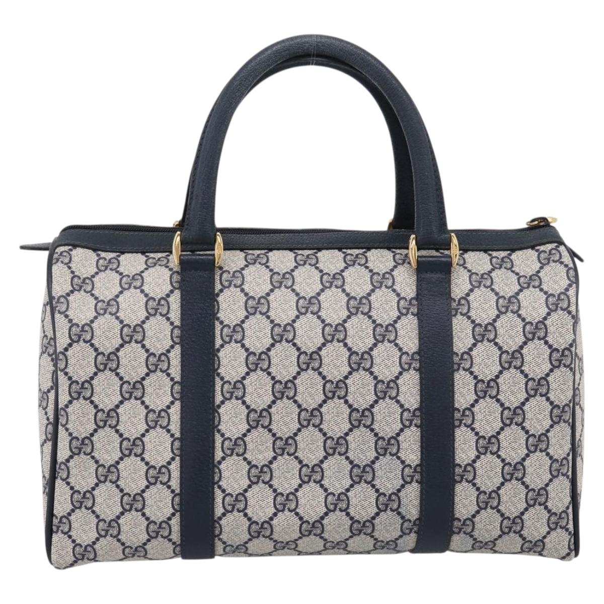 GUCCI GG Supreme Sherry Line Boston Bag PVC Navy Gold 40 02 007 Auth 198342