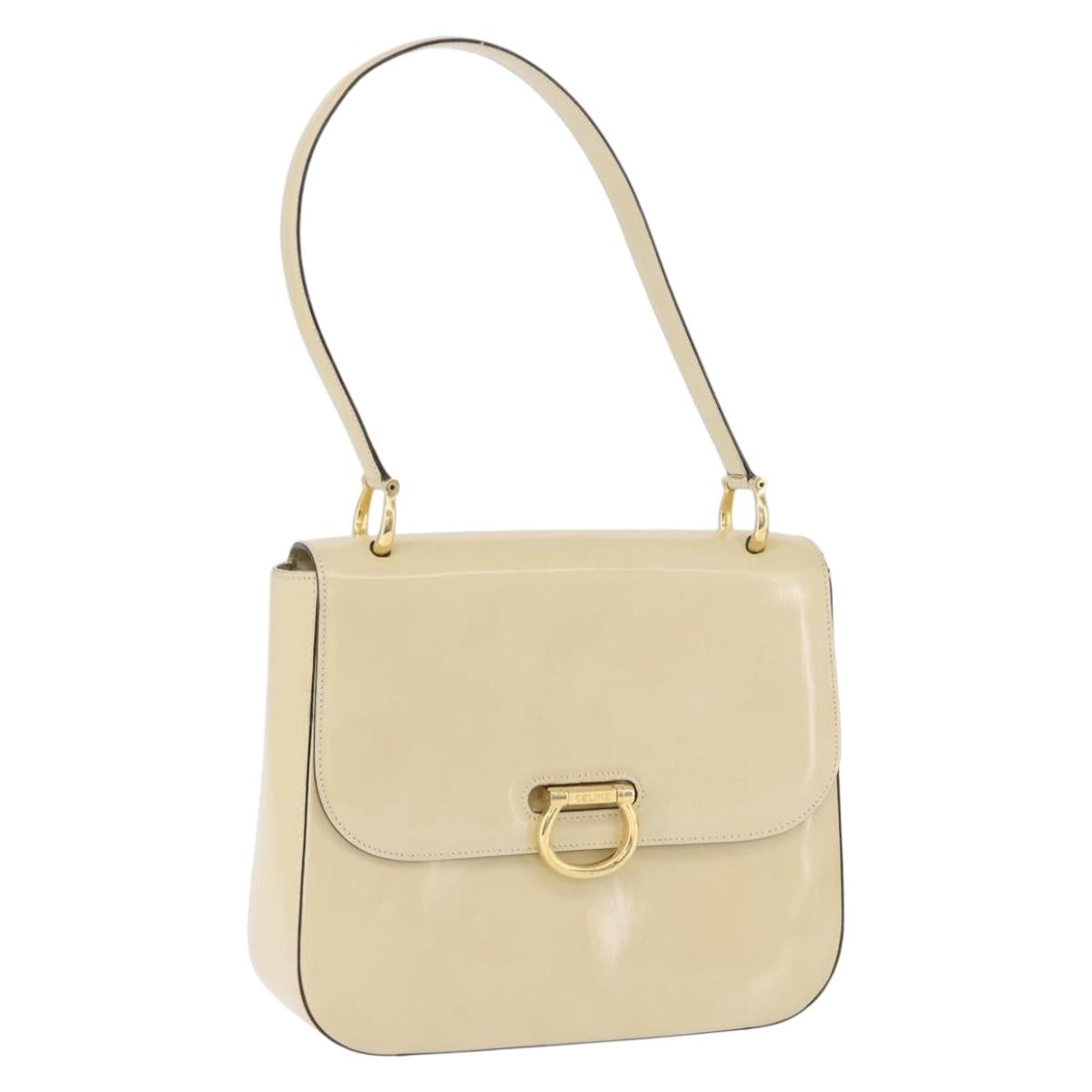 CELINE Shoulder Bag Patent Beige Gold Tone Auth 198345A