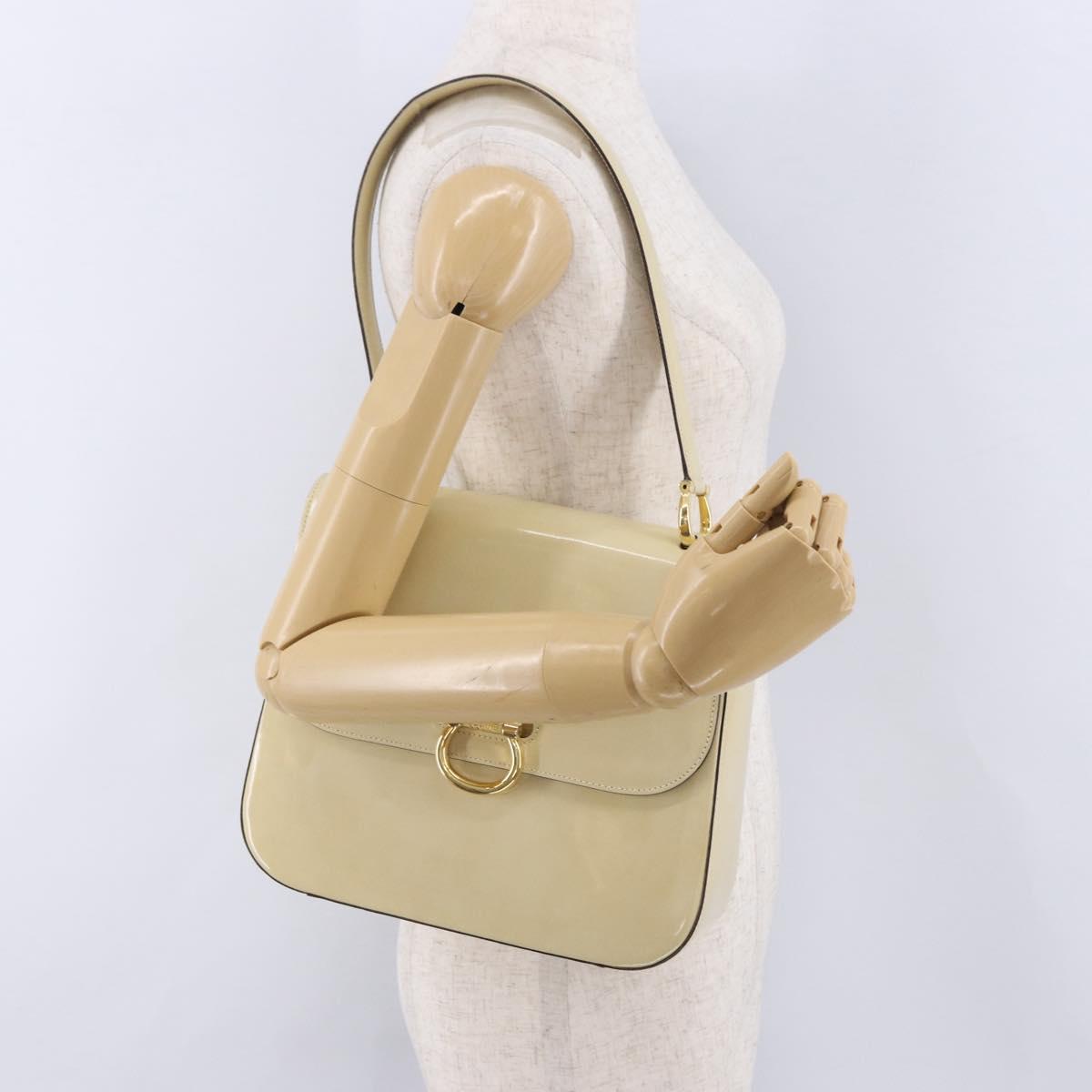 CELINE Shoulder Bag Patent Beige Gold Tone Auth 198345A