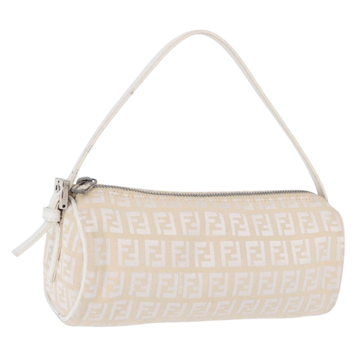 FENDI Zucchino Canvas Accessory Pouch Ivory Silver Auth 198349A