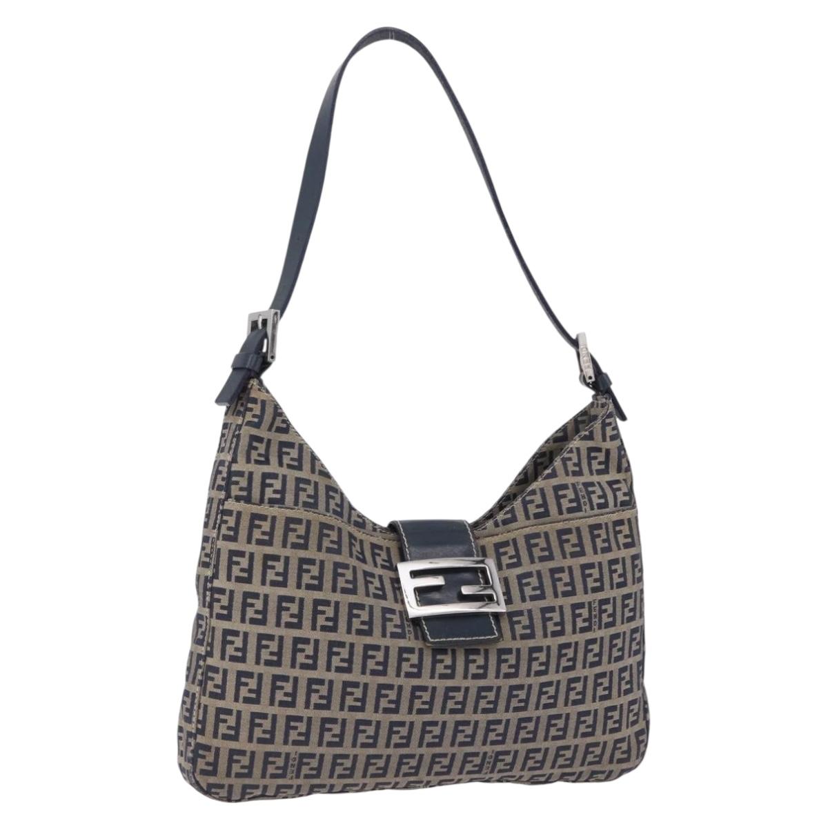 FENDI Zucchino Canvas Mamma Baguette Shoulder Bag Navy Silver Auth 198353V