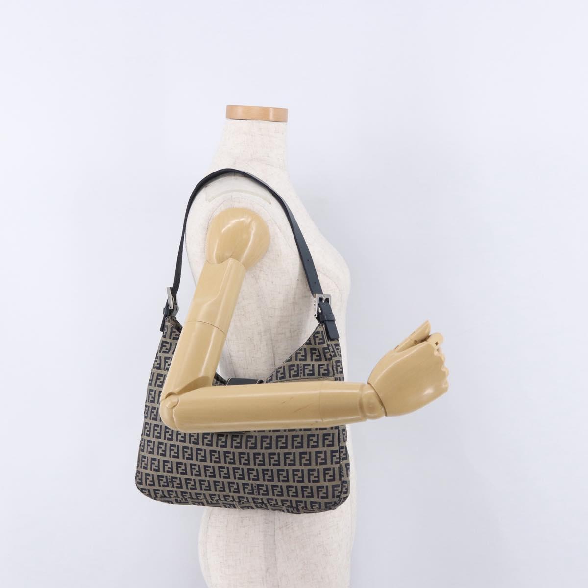 FENDI Zucchino Canvas Mamma Baguette Shoulder Bag Navy Silver Auth 198353V