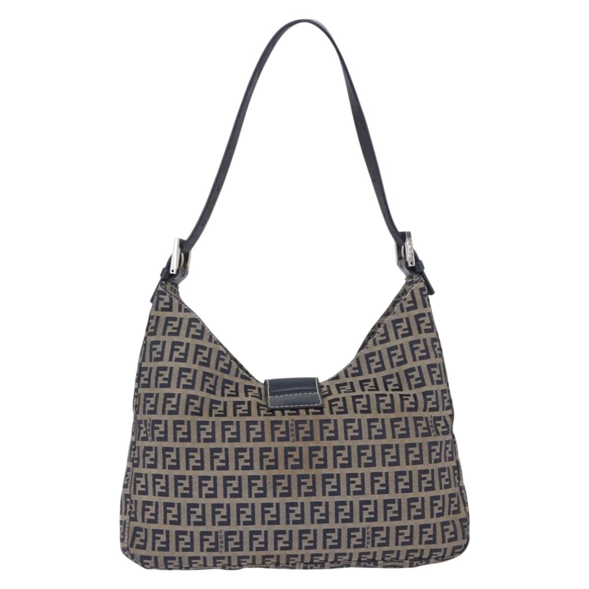 FENDI Zucchino Canvas Mamma Baguette Shoulder Bag Navy Silver Auth 198353V