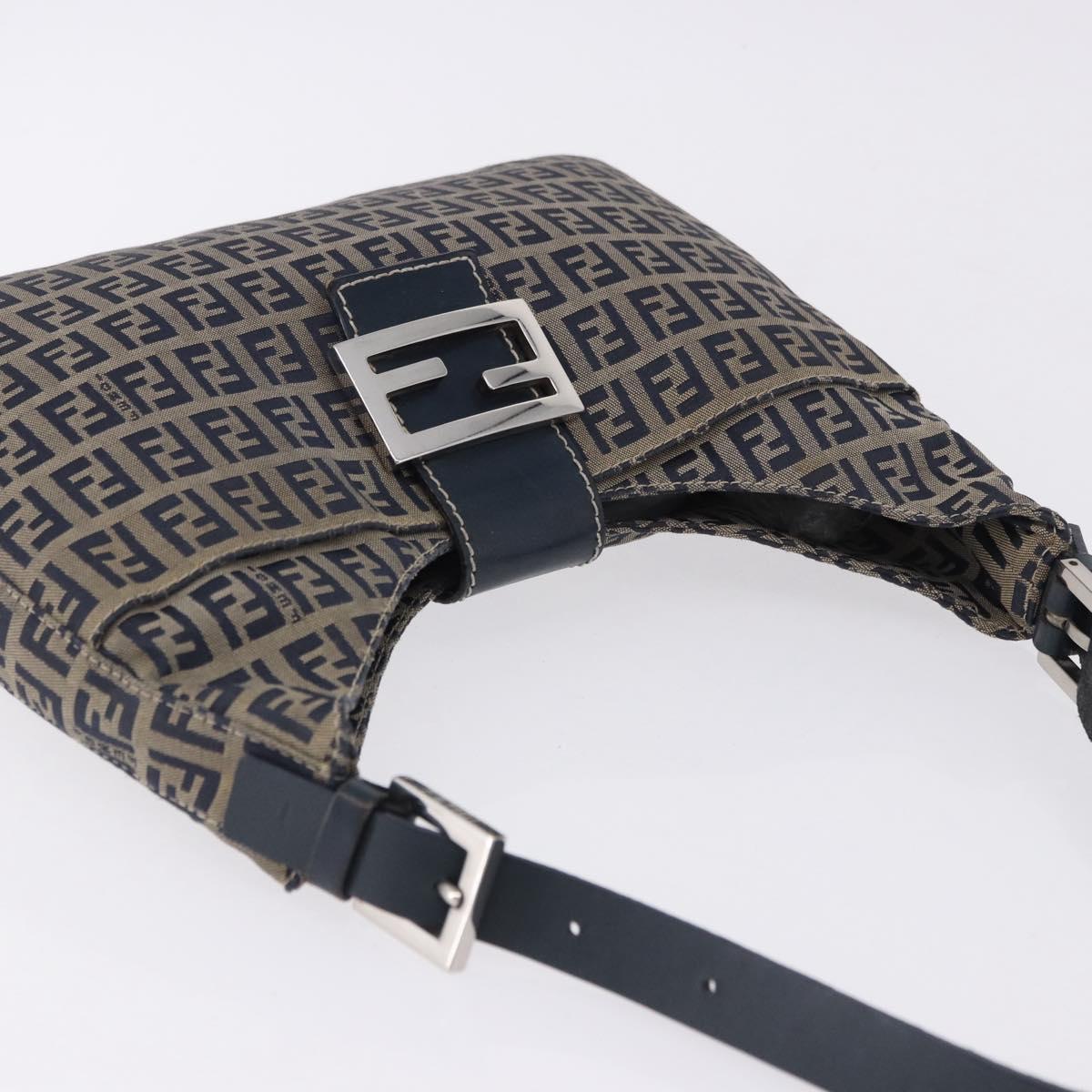 FENDI Zucchino Canvas Mamma Baguette Shoulder Bag Navy Silver Auth 198353V