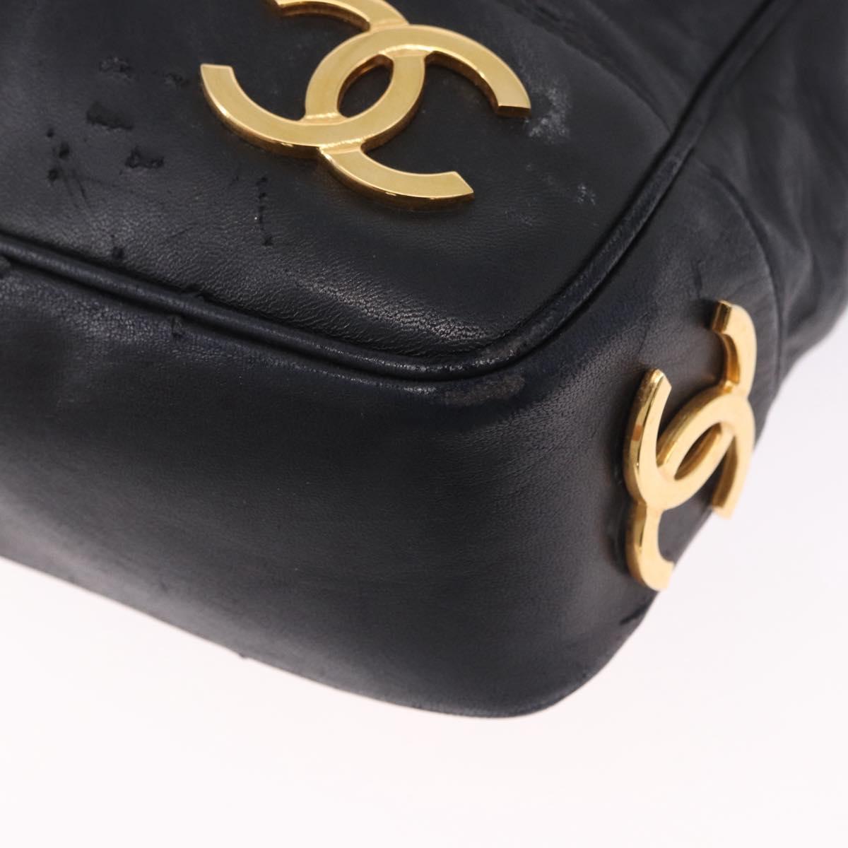 CHANEL Triple Coco Chain Shoulder Tote Bag Leather Black Gold CC Auth 198357
