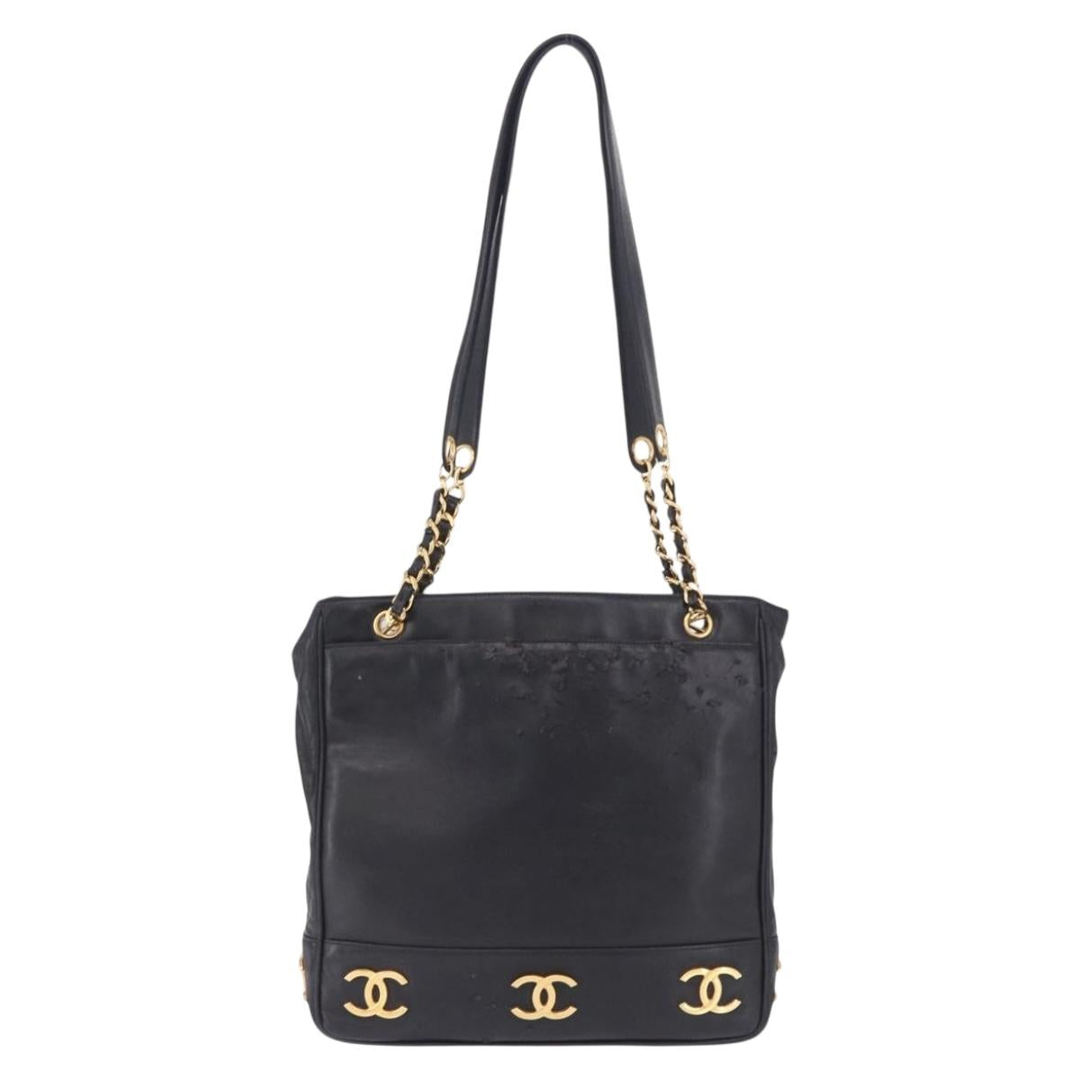 CHANEL Triple Coco Chain Shoulder Tote Bag Leather Black Gold CC Auth 198357
