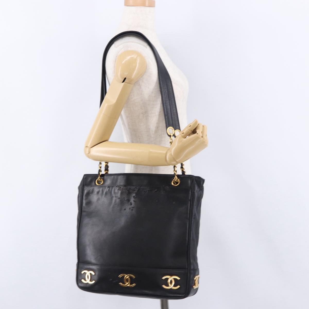 CHANEL Triple Coco Chain Shoulder Tote Bag Leather Black Gold CC Auth 198357