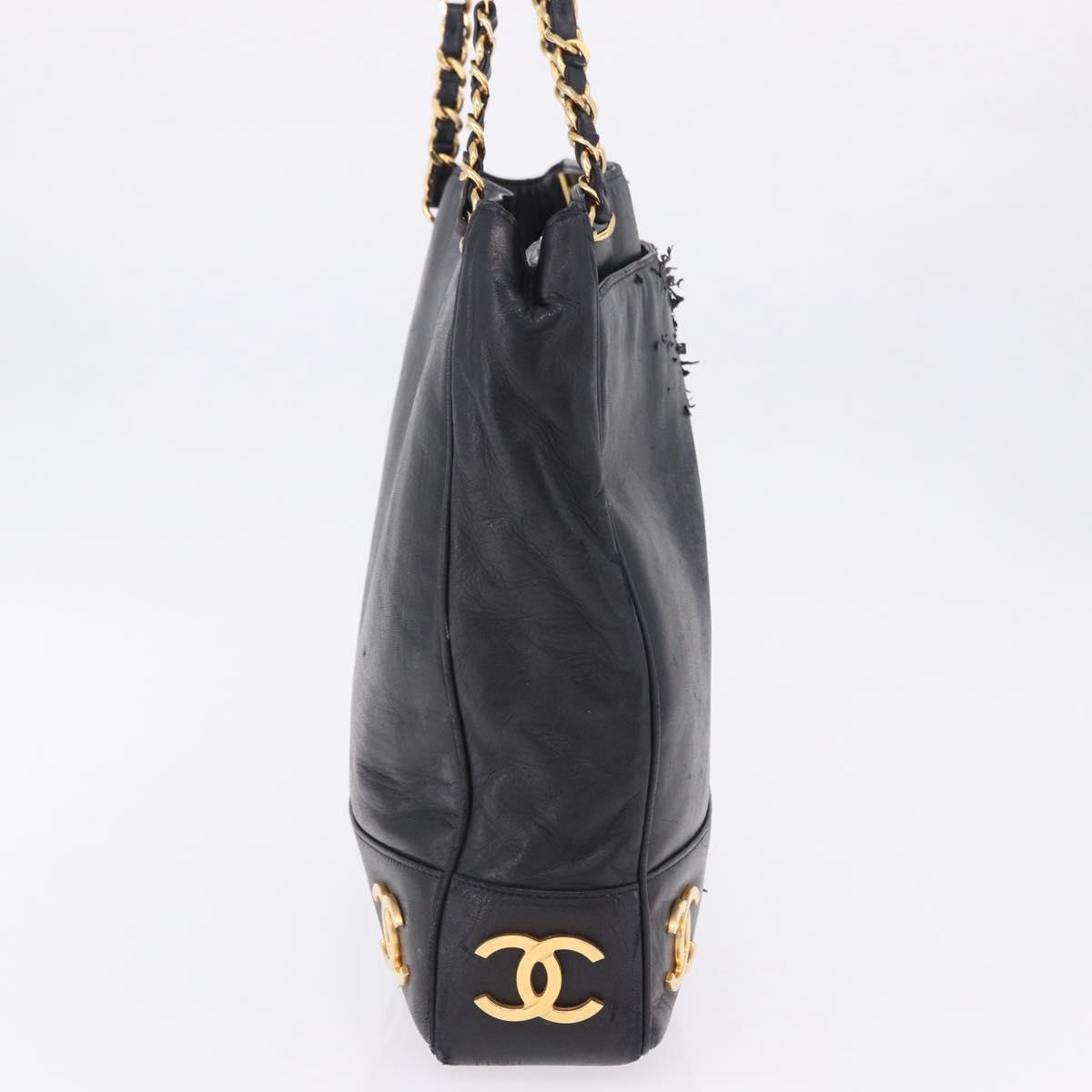 CHANEL Triple Coco Chain Shoulder Tote Bag Leather Black Gold CC Auth 198357