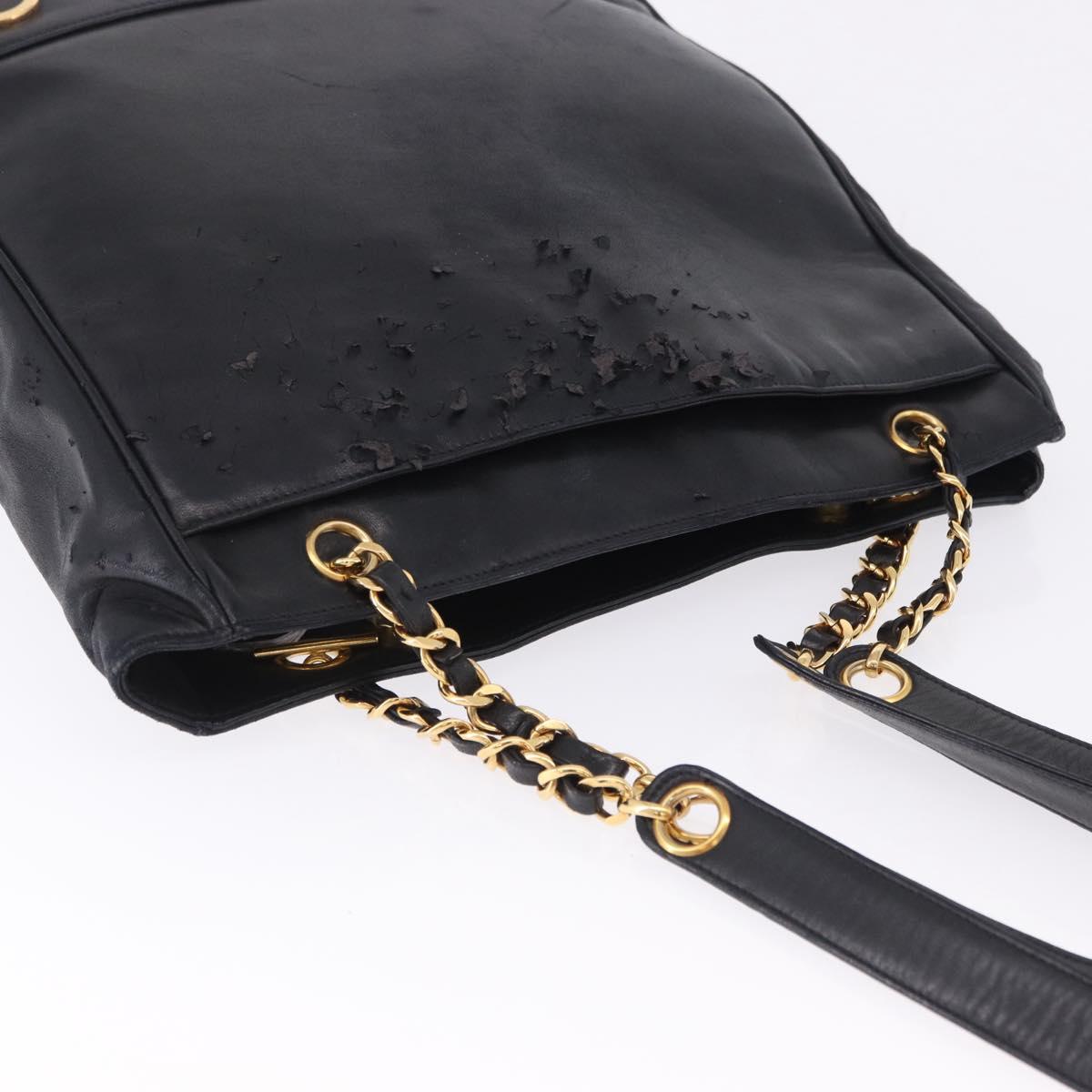 CHANEL Triple Coco Chain Shoulder Tote Bag Leather Black Gold CC Auth 198357