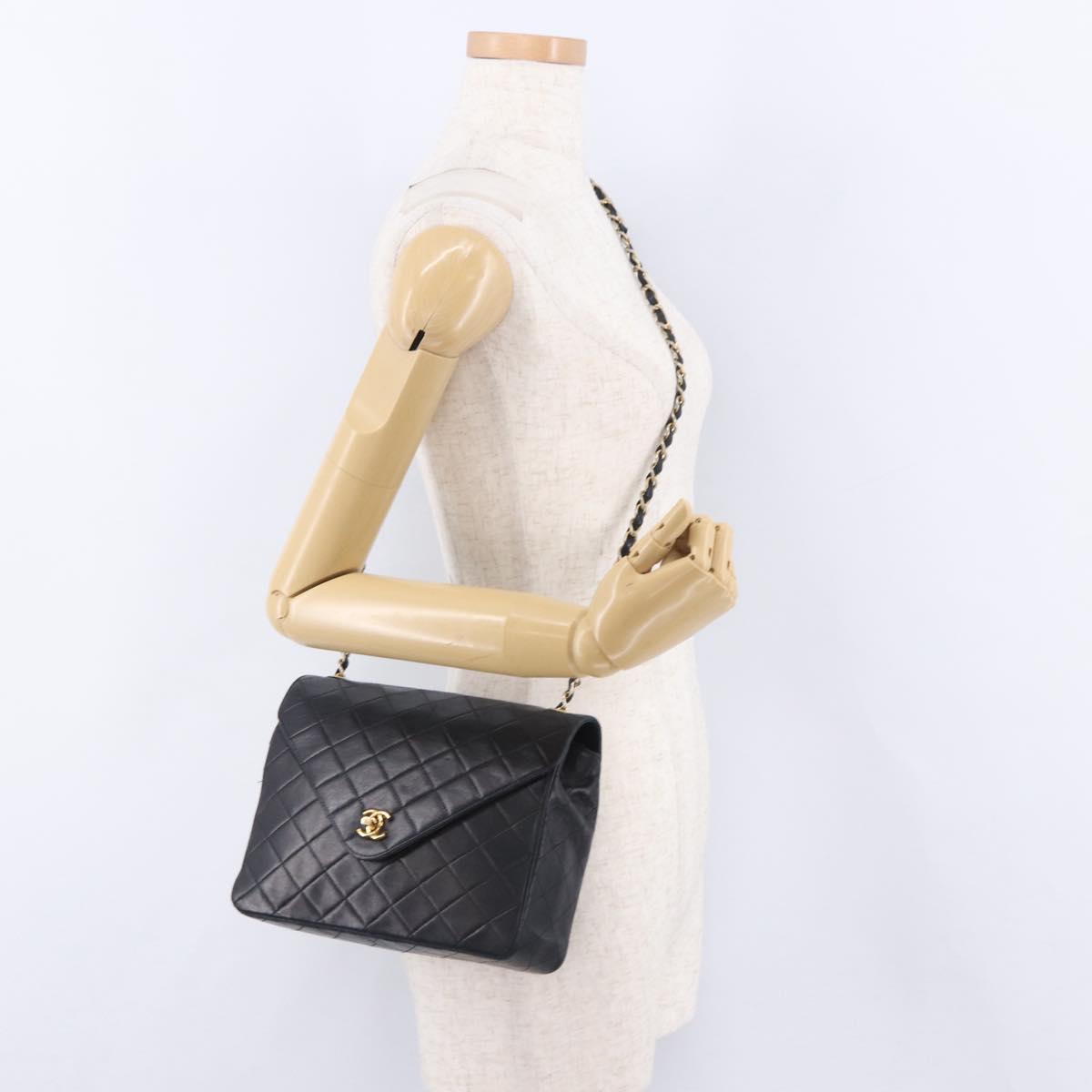 CHANEL Matelasse Chain Shoulder Bag Lamb Skin Black Gold Tone CC Auth 198373V