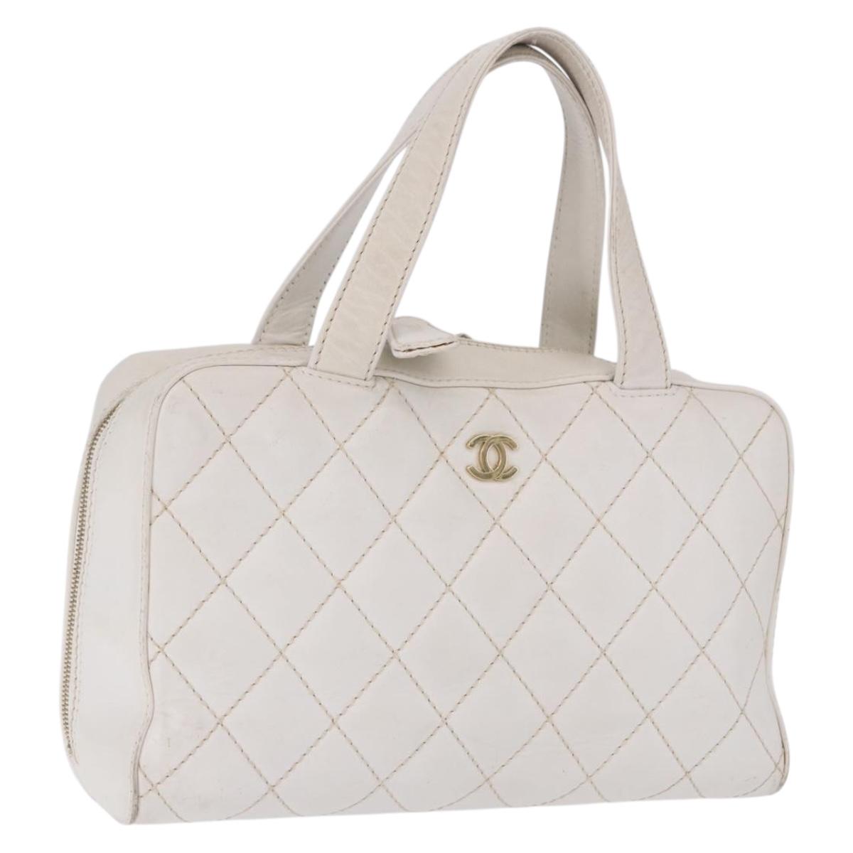 CHANEL Wild Stitch Hand Bag Leather White Gold Tone CC Auth 198377A