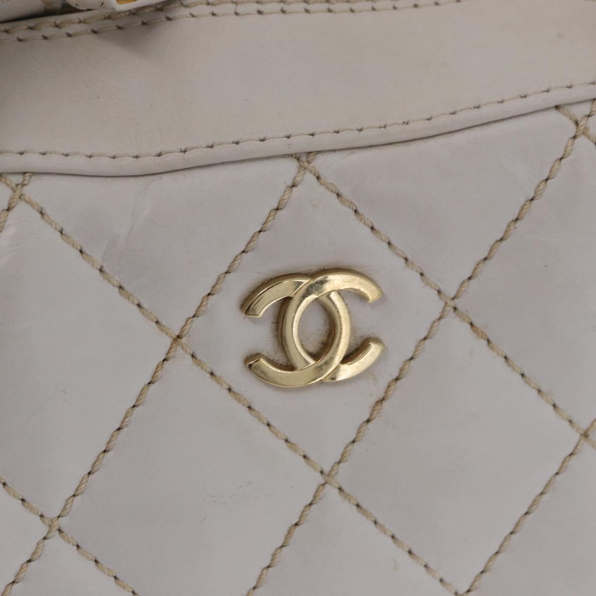 CHANEL Wild Stitch Hand Bag Leather White Gold Tone CC Auth 198377A
