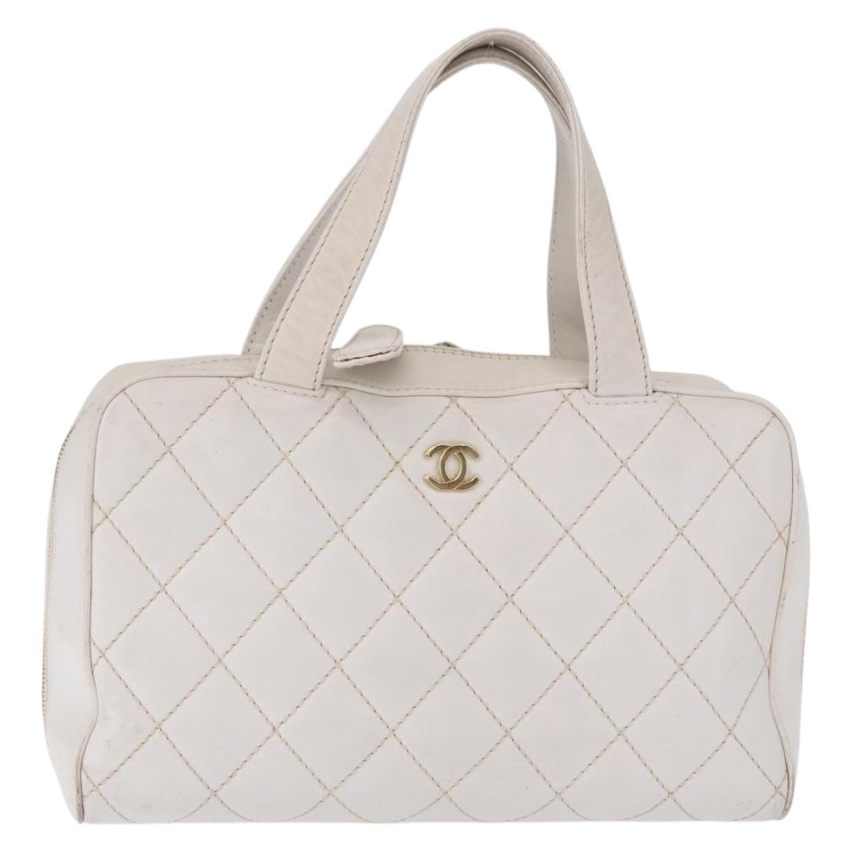 CHANEL Wild Stitch Hand Bag Leather White Gold Tone CC Auth 198377A