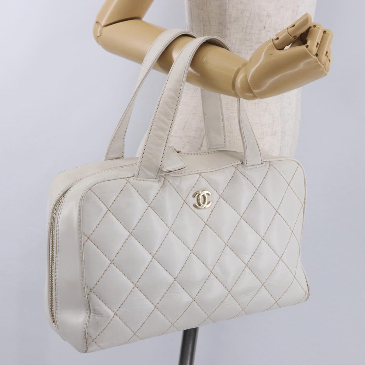 CHANEL Wild Stitch Hand Bag Leather White Gold Tone CC Auth 198377A