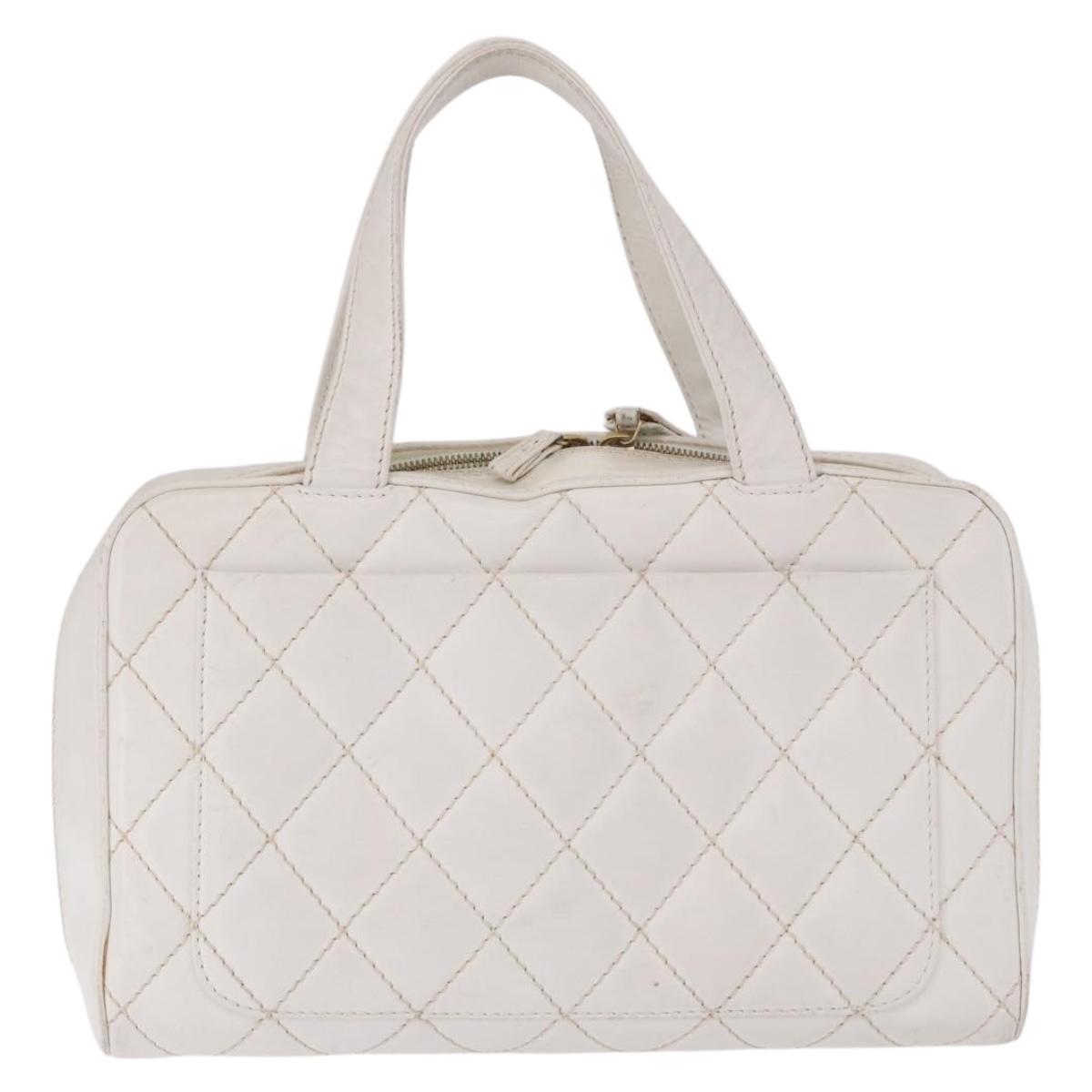 CHANEL Wild Stitch Hand Bag Leather White Gold Tone CC Auth 198377A