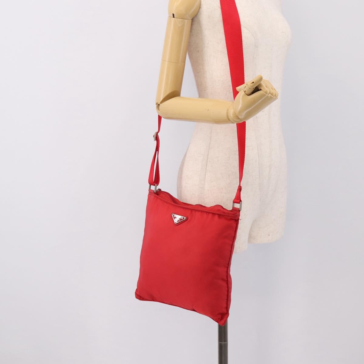 PRADA Shoulder Bag Nylon Red Silver Auth 198455