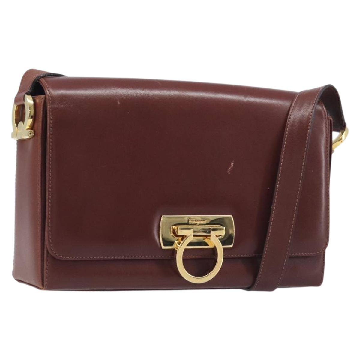 Salvatore Ferragamo Gancini Shoulder Bag Leather Brown Gold Tone Auth 198463A
