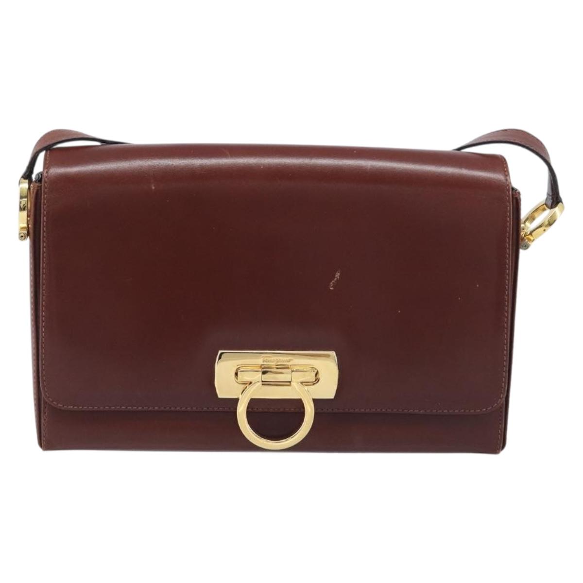 Salvatore Ferragamo Gancini Shoulder Bag Leather Brown Gold Tone Auth 198463A