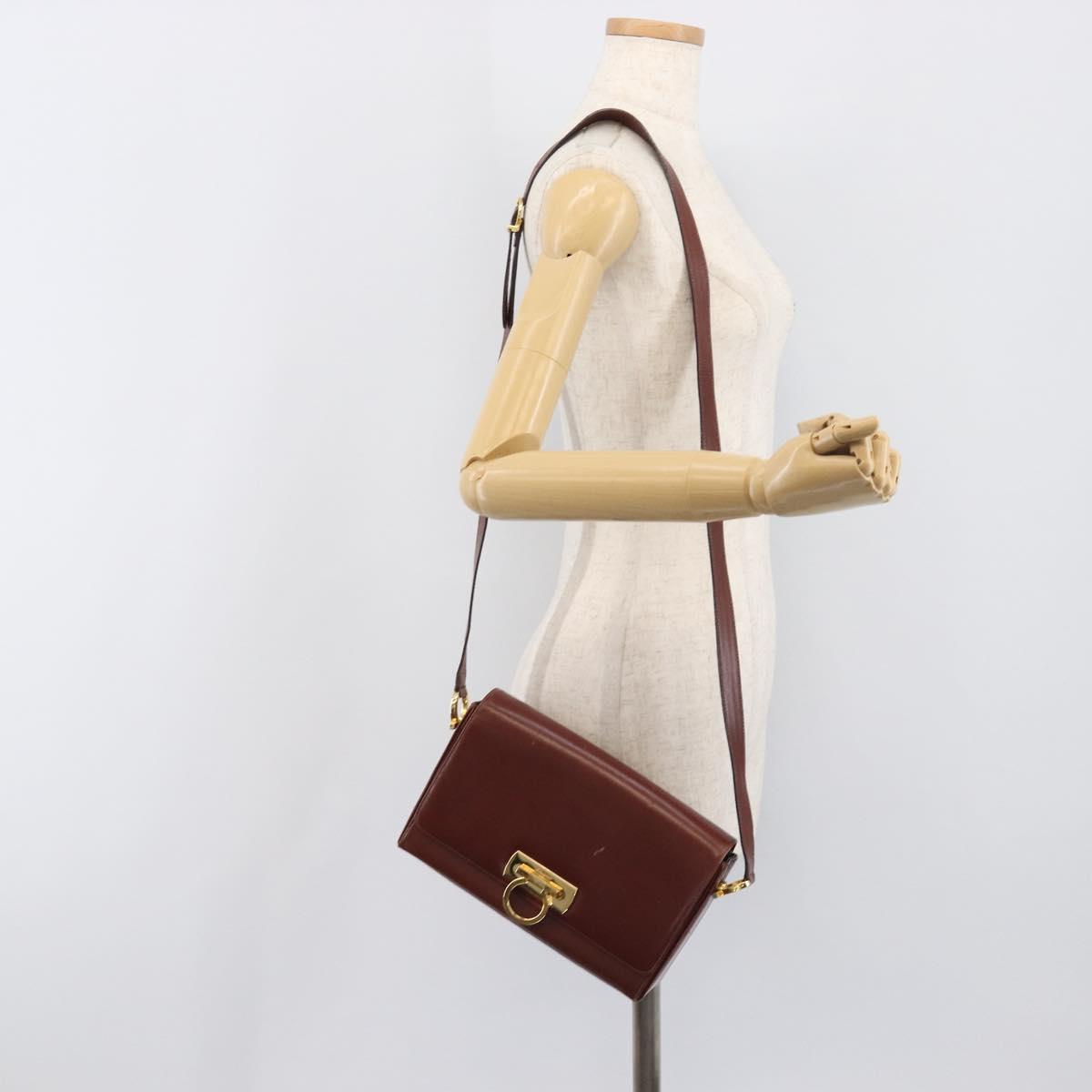 Salvatore Ferragamo Gancini Shoulder Bag Leather Brown Gold Tone Auth 198463A