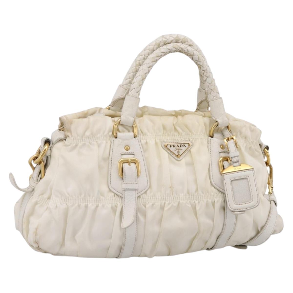 PRADA Gathered Hand Bag Nylon 2way White Gold Tone Auth 198464