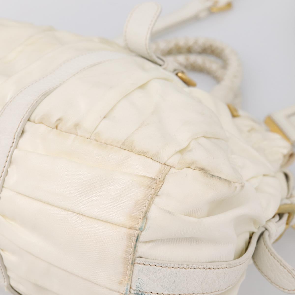 PRADA Gathered Hand Bag Nylon 2way White Gold Tone Auth 198464