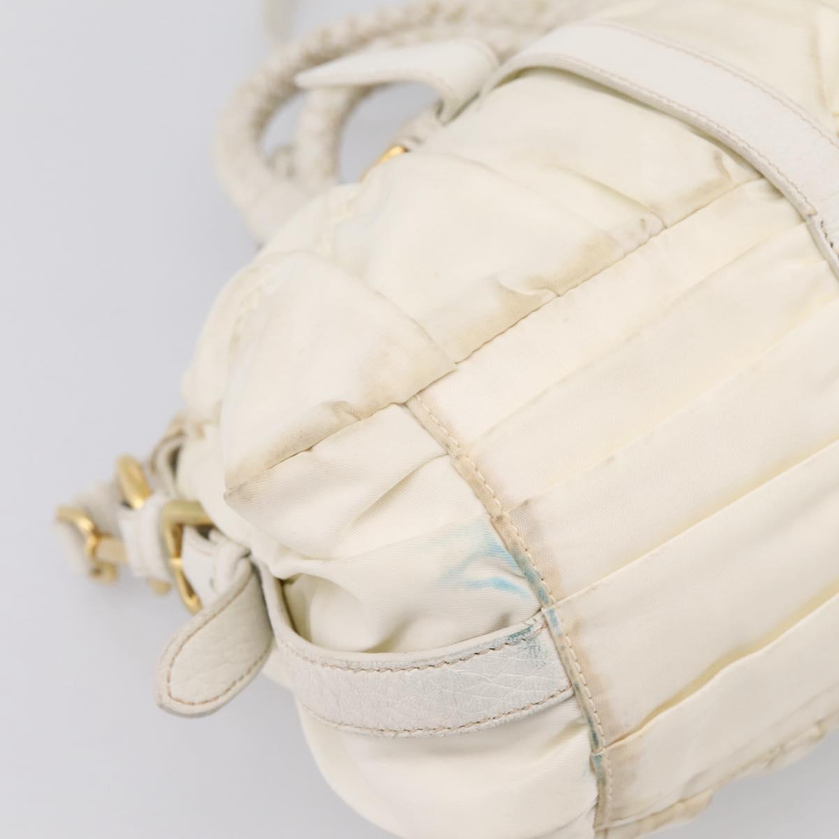 PRADA Gathered Hand Bag Nylon 2way White Gold Tone Auth 198464