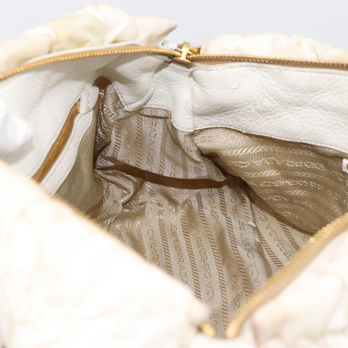 PRADA Gathered Hand Bag Nylon 2way White Gold Tone Auth 198464