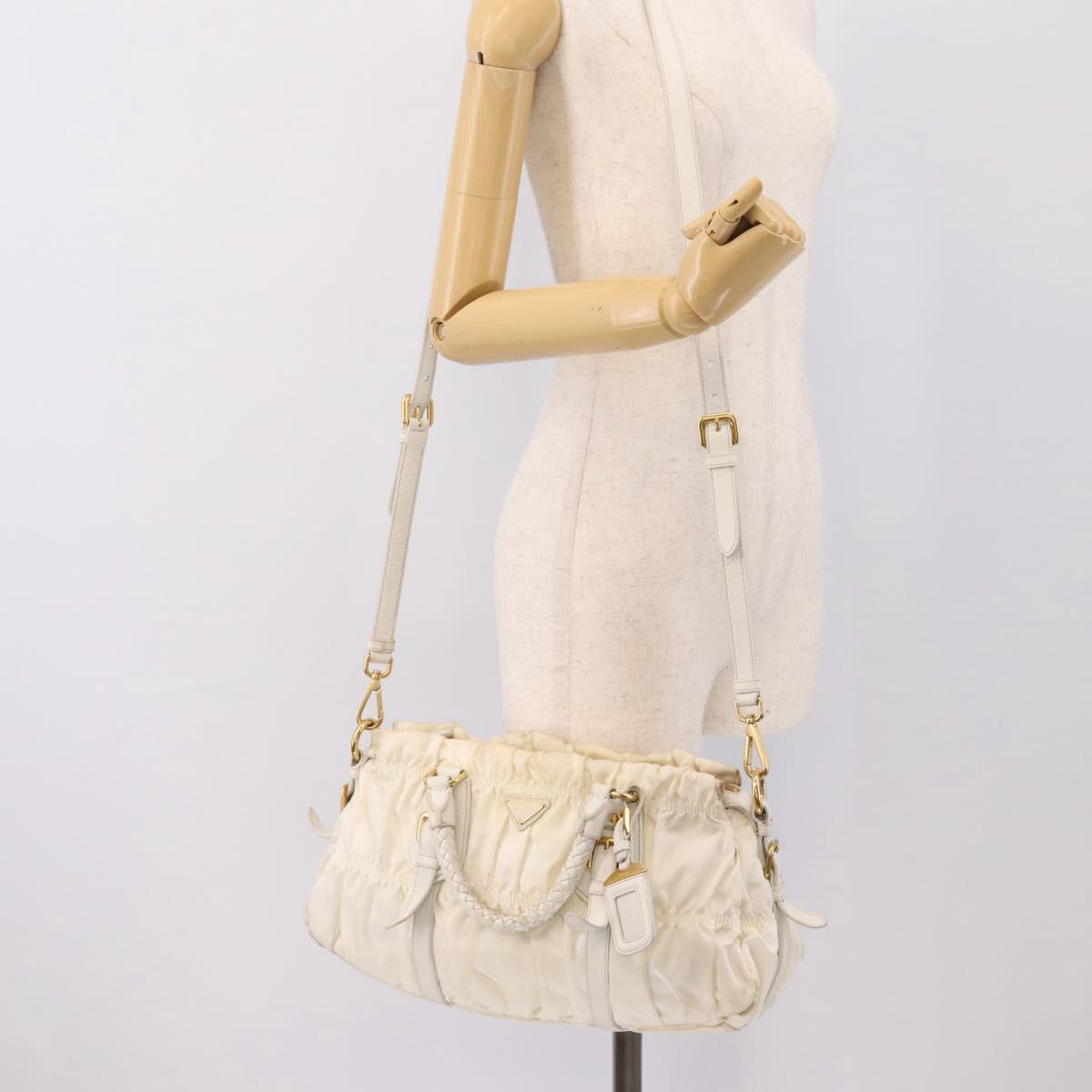 PRADA Gathered Hand Bag Nylon 2way White Gold Tone Auth 198464