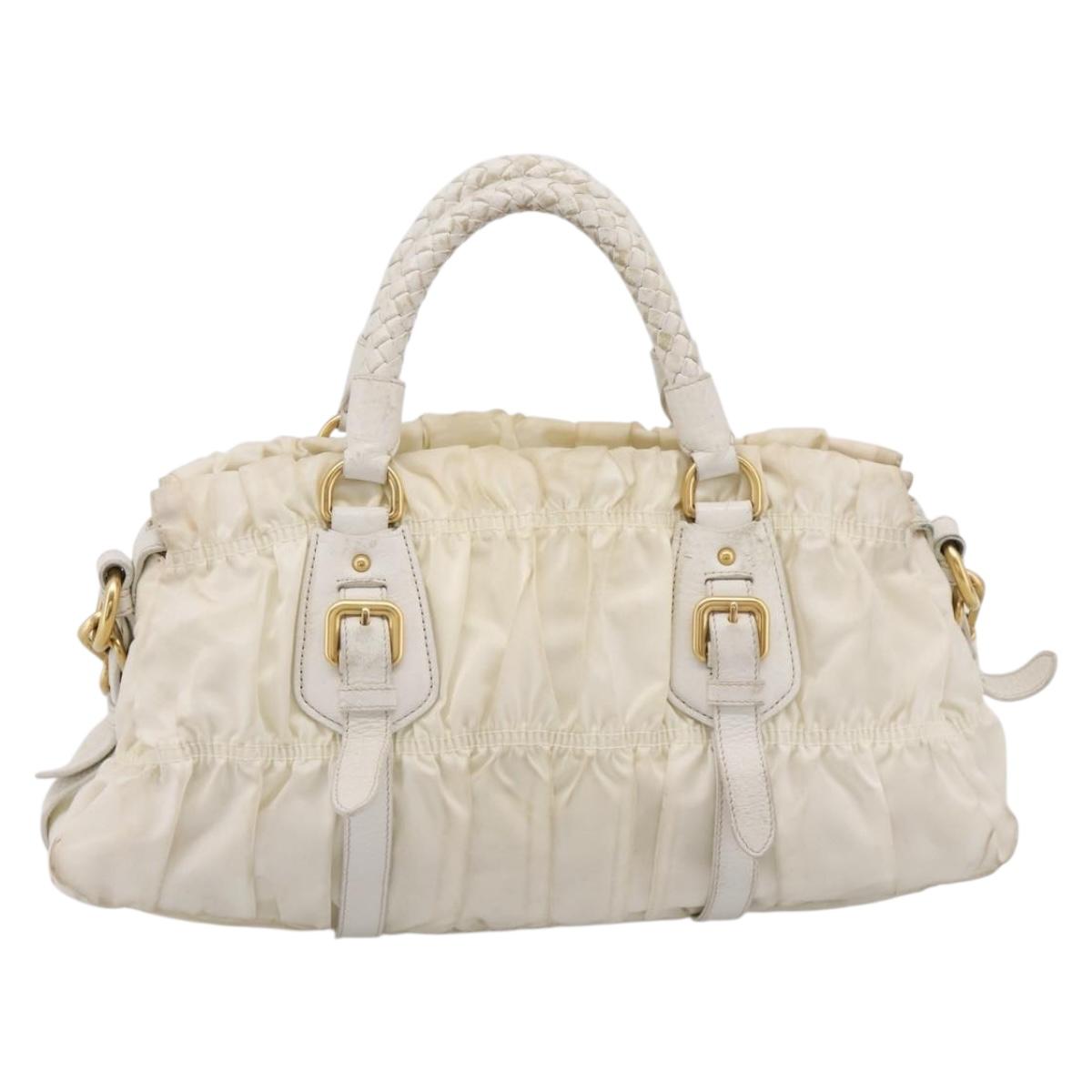 PRADA Gathered Hand Bag Nylon 2way White Gold Tone Auth 198464