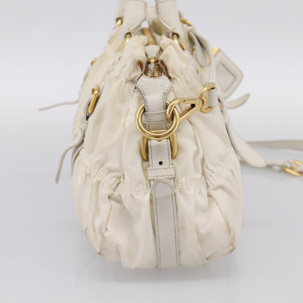 PRADA Gathered Hand Bag Nylon 2way White Gold Tone Auth 198464