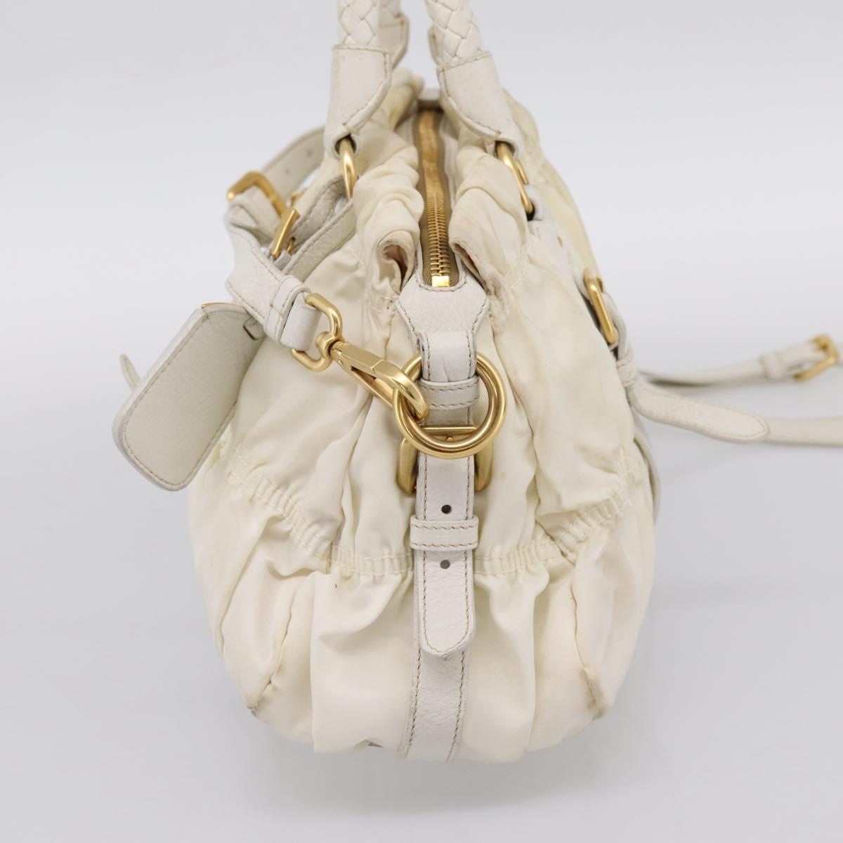 PRADA Gathered Hand Bag Nylon 2way White Gold Tone Auth 198464