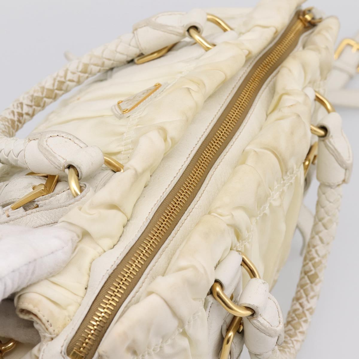 PRADA Gathered Hand Bag Nylon 2way White Gold Tone Auth 198464