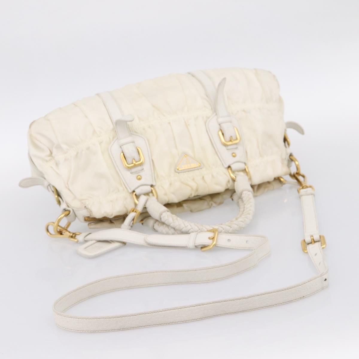 PRADA Gathered Hand Bag Nylon 2way White Gold Tone Auth 198464