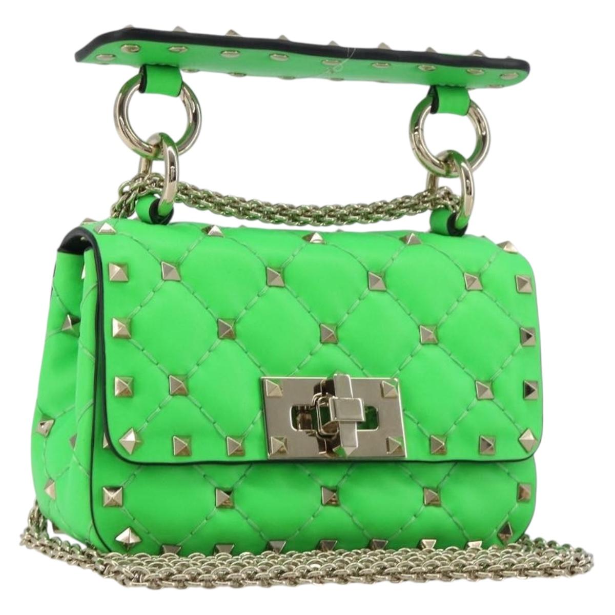 VALENTINO Micro Rockstud Chain Shoulder Bag Leather 2way Green Gold Auth 198465V