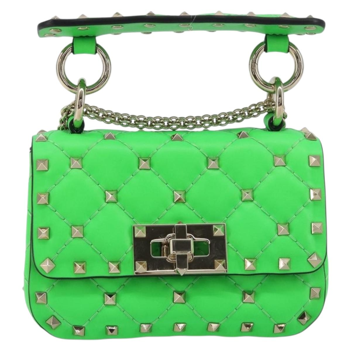 VALENTINO Micro Rockstud Chain Shoulder Bag Leather 2way Green Gold Auth 198465V