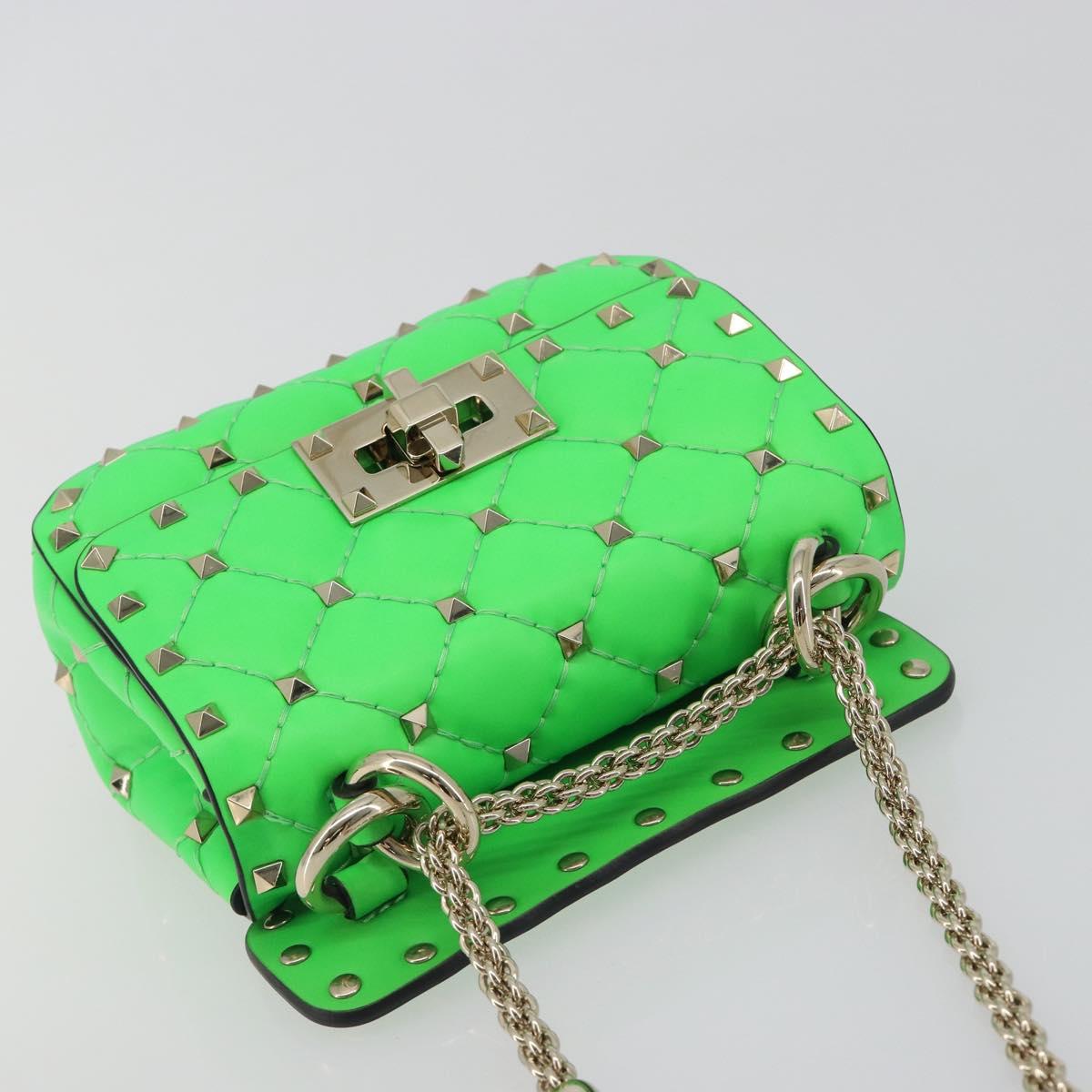 VALENTINO Micro Rockstud Chain Shoulder Bag Leather 2way Green Gold Auth 198465V