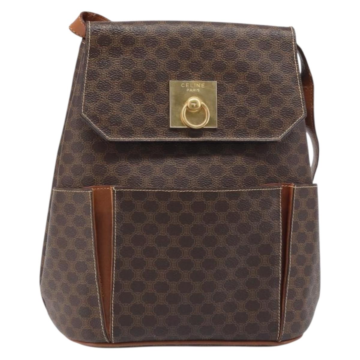CELINE Macadam Shoulder Bag PVC Leather Brown Gold Tone Auth 198476