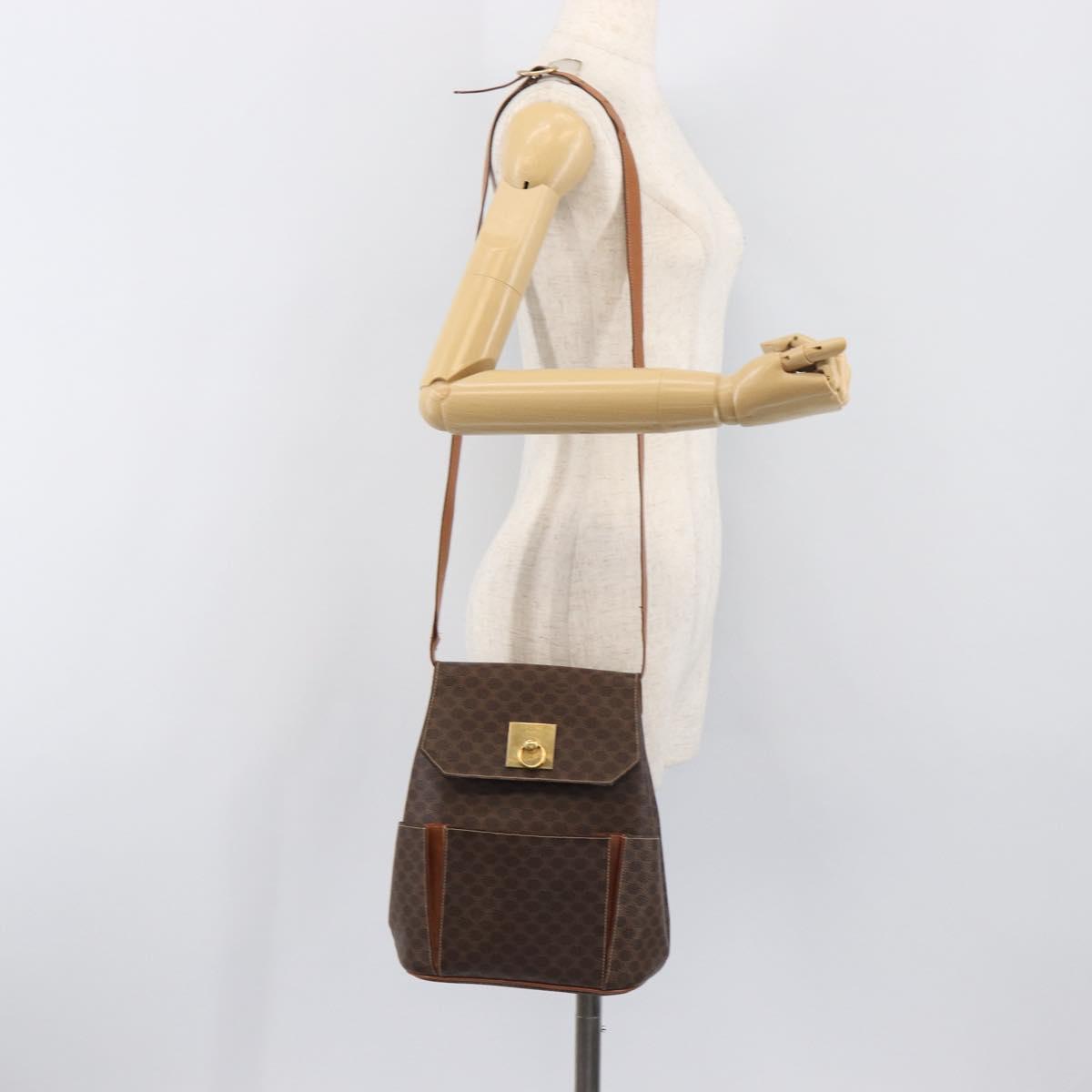 CELINE Macadam Shoulder Bag PVC Leather Brown Gold Tone Auth 198476