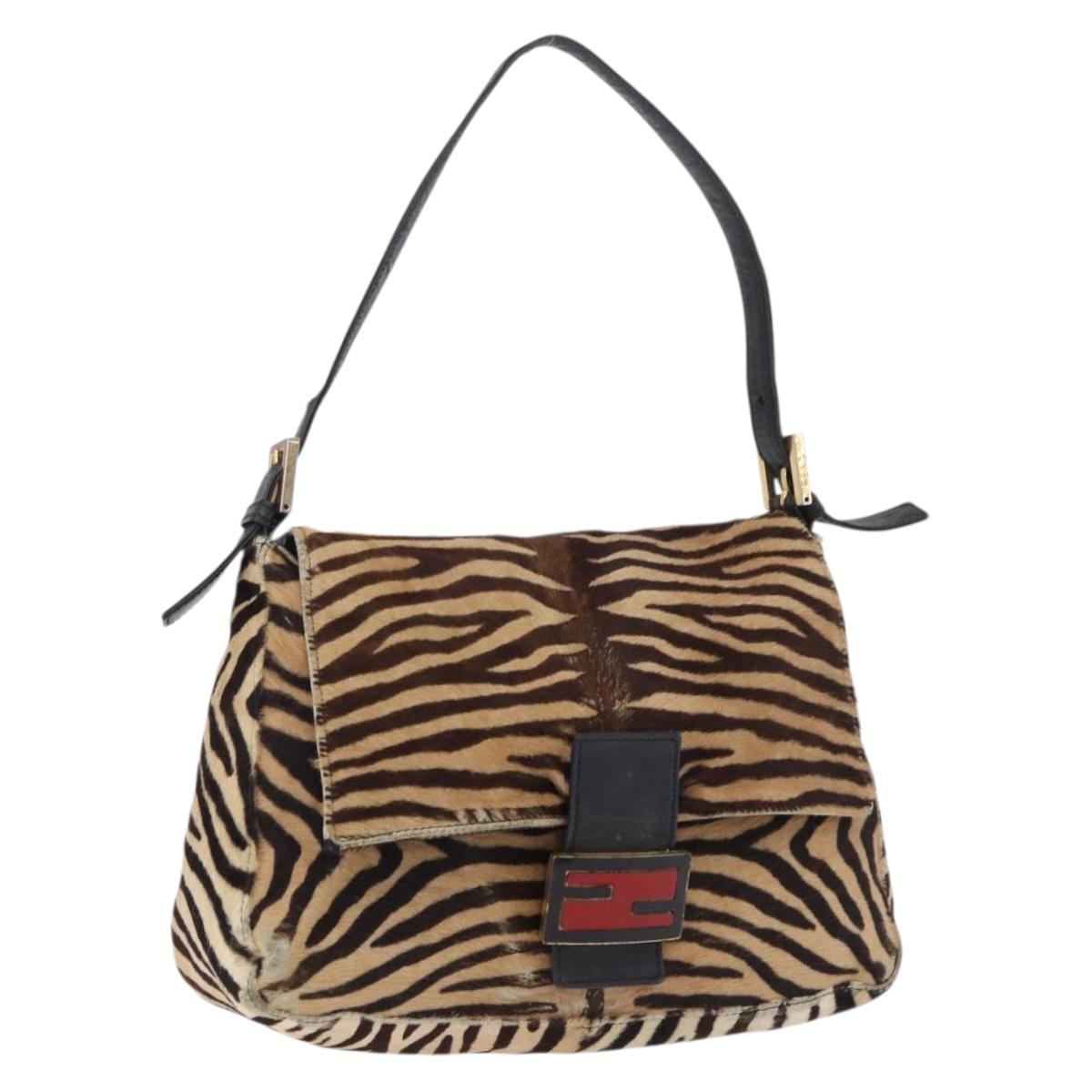 FENDI Mamma Baguette Shoulder Bag Harako leather Beige Black Auth 198478A