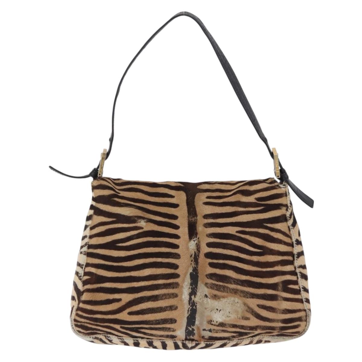 FENDI Mamma Baguette Shoulder Bag Harako leather Beige Black Auth 198478A