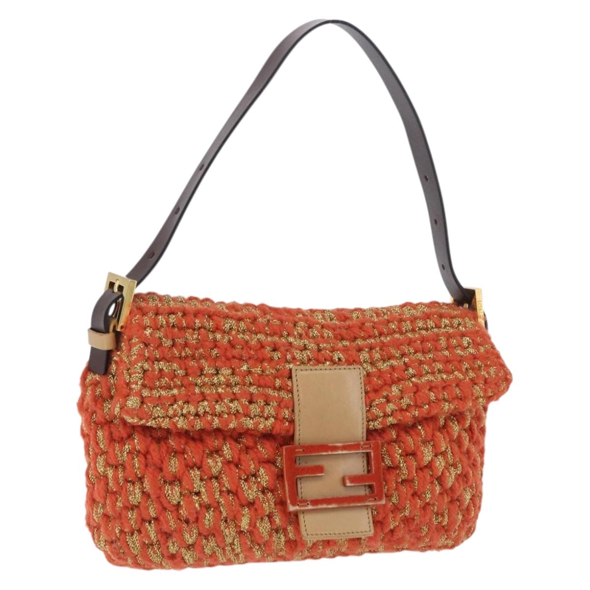 FENDI Mamma Baguette Shoulder Bag Knitted Fabrics Orange Gold Auth 198479SAM